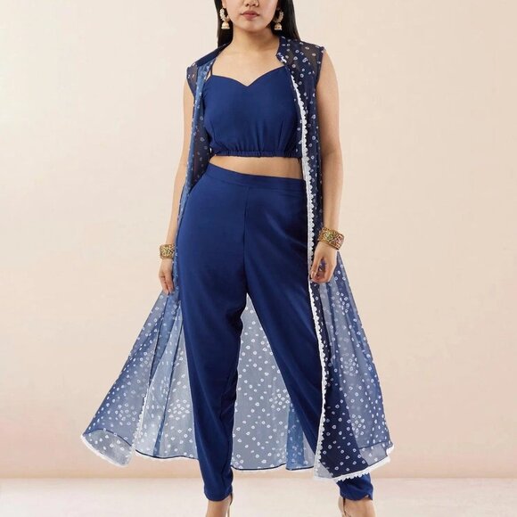 Blue Bandhani Chiffon Three-Piece Suit | Muvvas Boutique - Picture 2 of 5